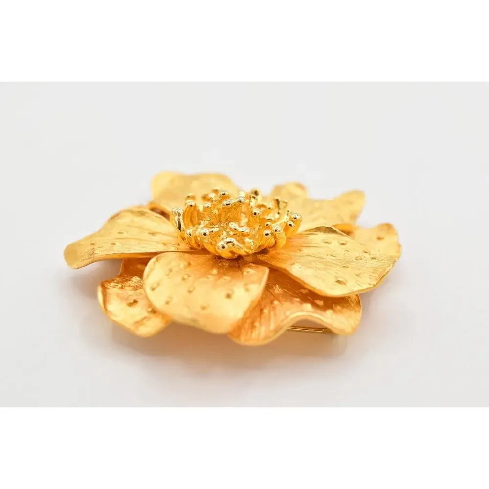 KJL Vintage Dogwood Flower Pin Brooch Brushed Gold Matte Chunky Signed 80s BinBK